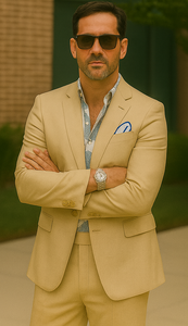 3 Piece Linen Suit - Khaki Mens Suit - Vested summer Suit