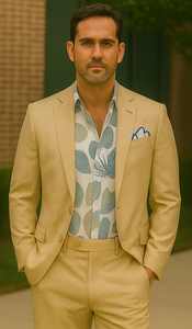 3 Piece Linen Suit - Khaki Mens Suit - Vested summer Suit