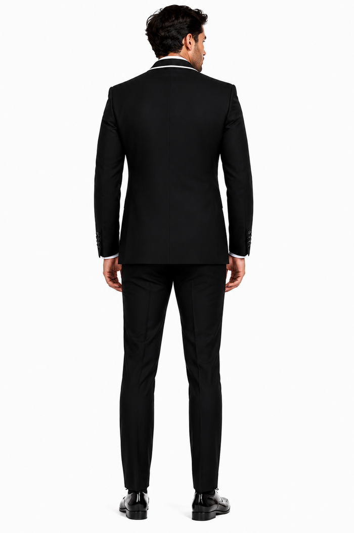 3-Piece Tailored Fit Wool Suit with Bow Tie and Flat Front Pants - Black Modern Fit