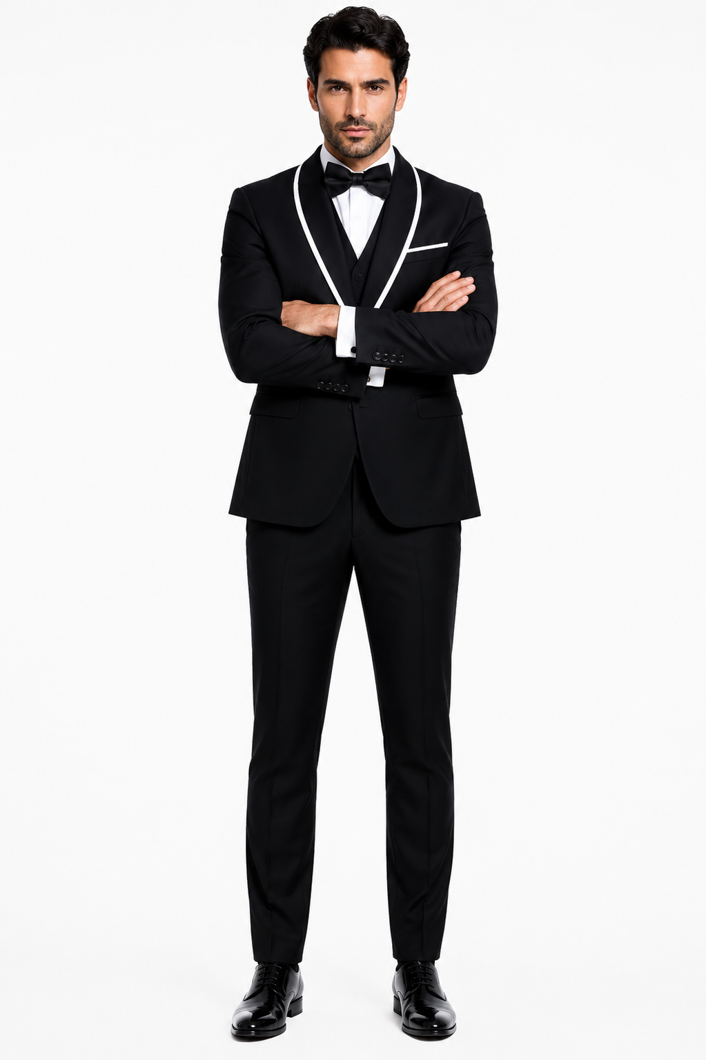 3-Piece Tailored Fit Wool Suit with Bow Tie and Flat Front Pants - Black Modern Fit