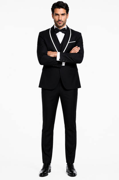 3-Piece Tailored Fit Wool Suit with Bow Tie and Flat Front Pants - Black Modern Fit