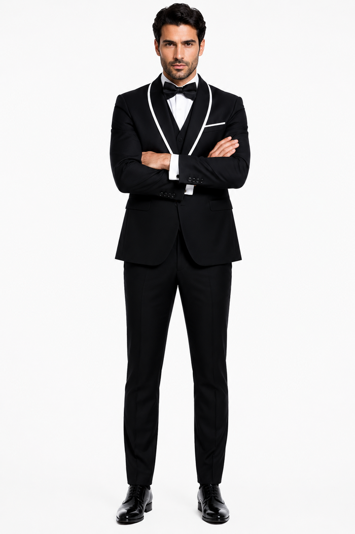 3-Piece Tailored Fit Wool Suit with Bow Tie and Flat Front Pants - Black Modern Fit