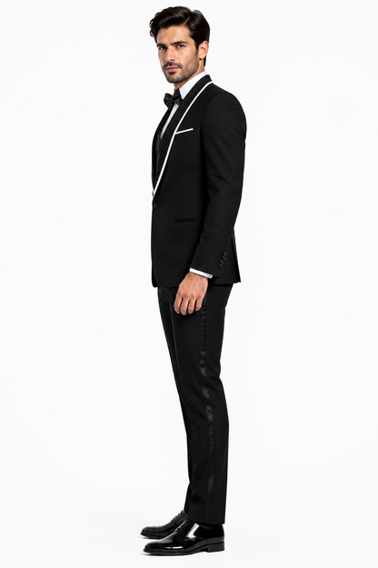 3-Piece Tailored Fit Wool Suit with Bow Tie and Flat Front Pants - Black Modern Fit
