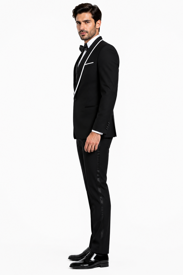 3-Piece Tailored Fit Wool Suit with Bow Tie and Flat Front Pants - Black Modern Fit