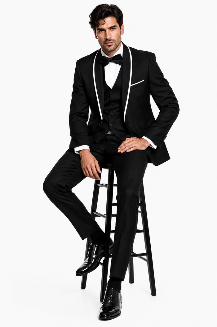 3-Piece Tailored Fit Wool Suit with Bow Tie and Flat Front Pants - Black Modern Fit