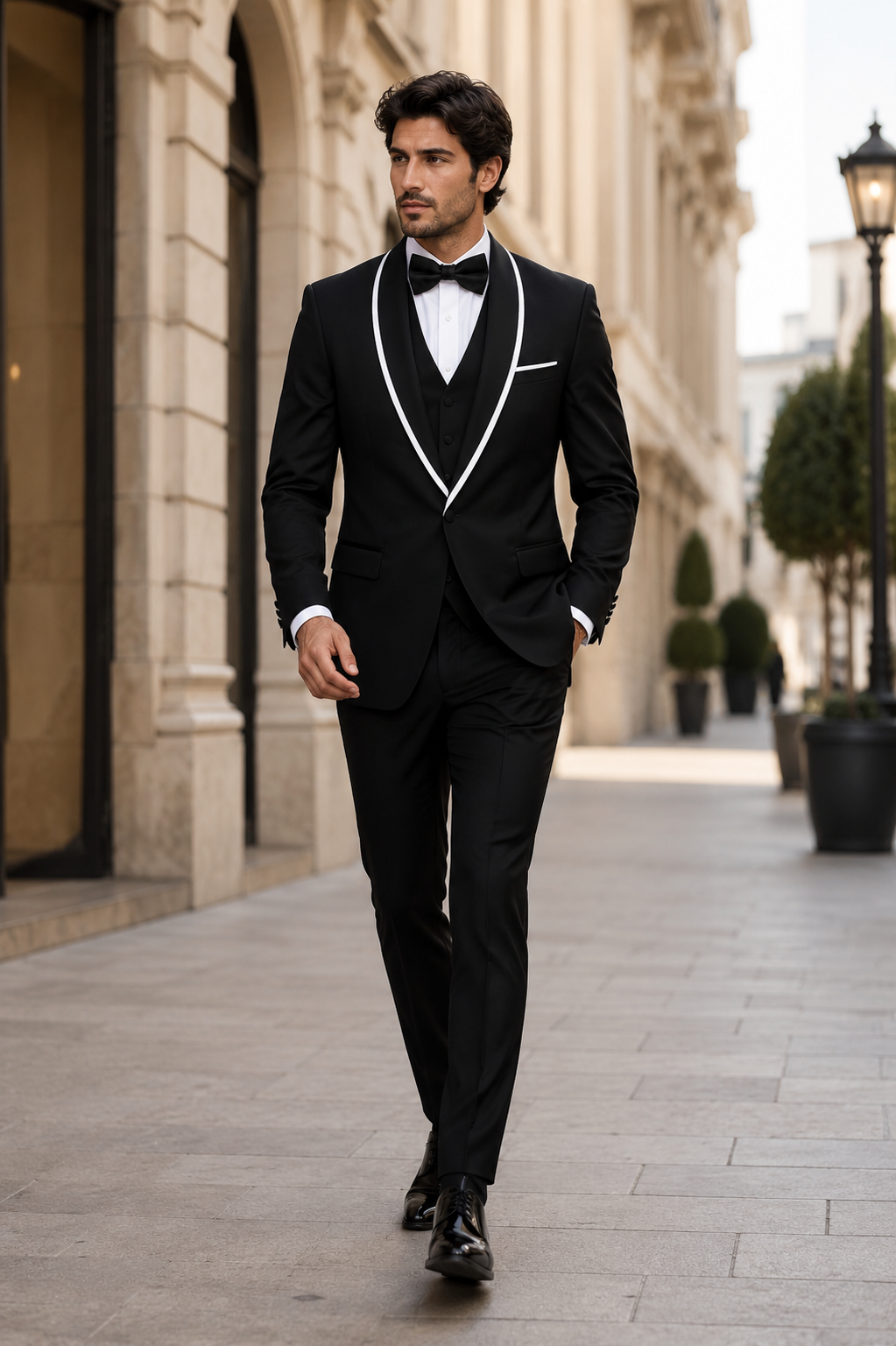 3-Piece Tailored Fit Wool Suit with Bow Tie and Flat Front Pants - Black Modern Fit