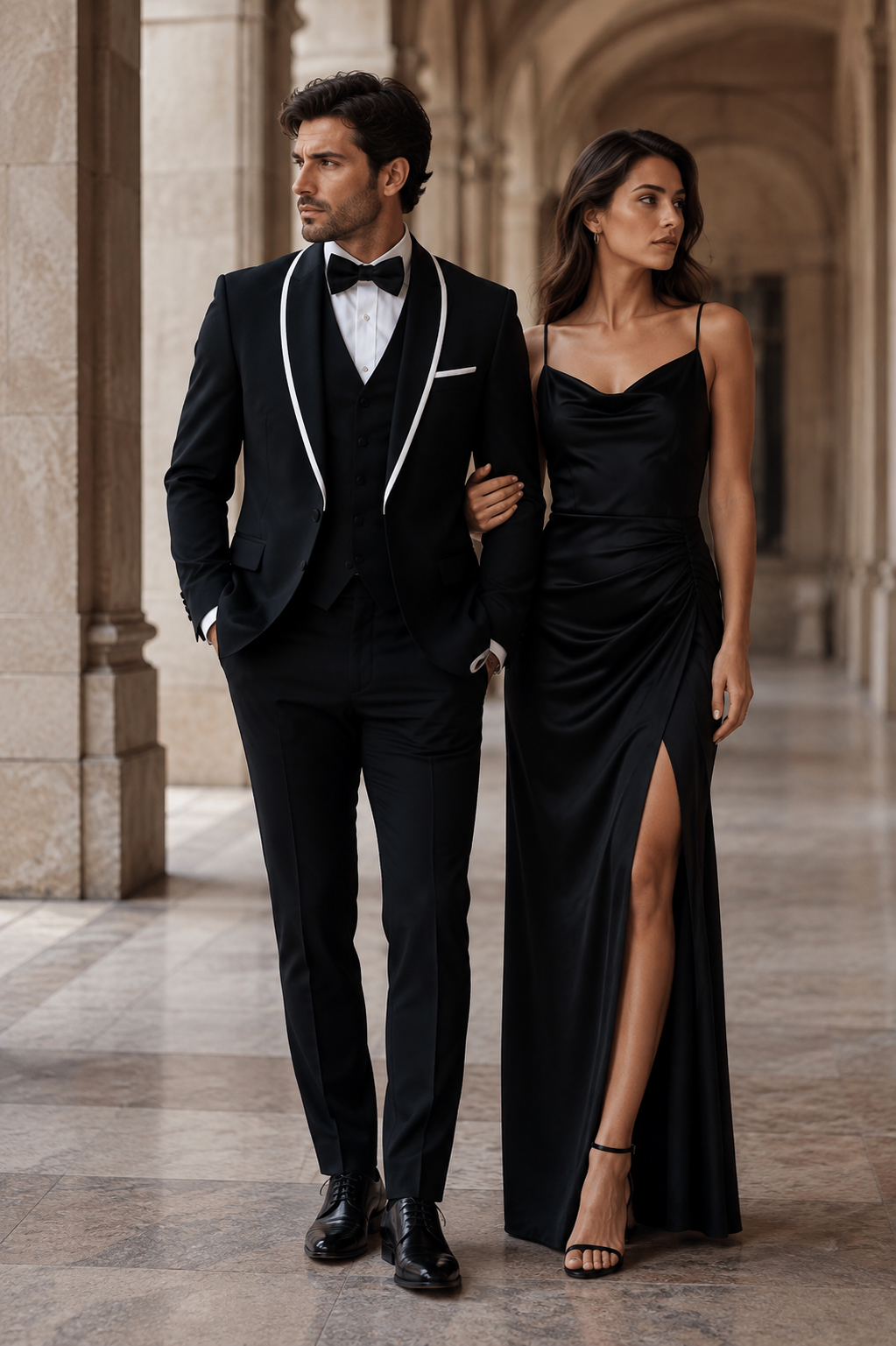 3-Piece Tailored Fit Wool Suit with Bow Tie and Flat Front Pants - Black Modern Fit