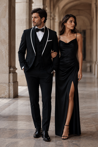 3-Piece Tailored Fit Wool Suit with Bow Tie and Flat Front Pants - Black Modern Fit