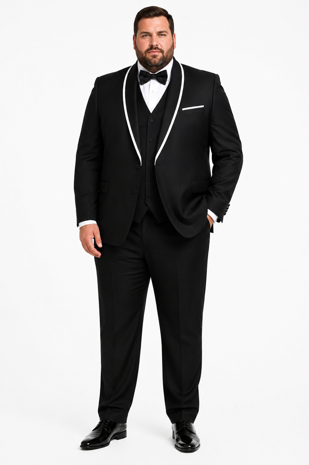 3-Piece Tailored Fit Wool Suit with Bow Tie and Flat Front Pants - Black Modern Fit