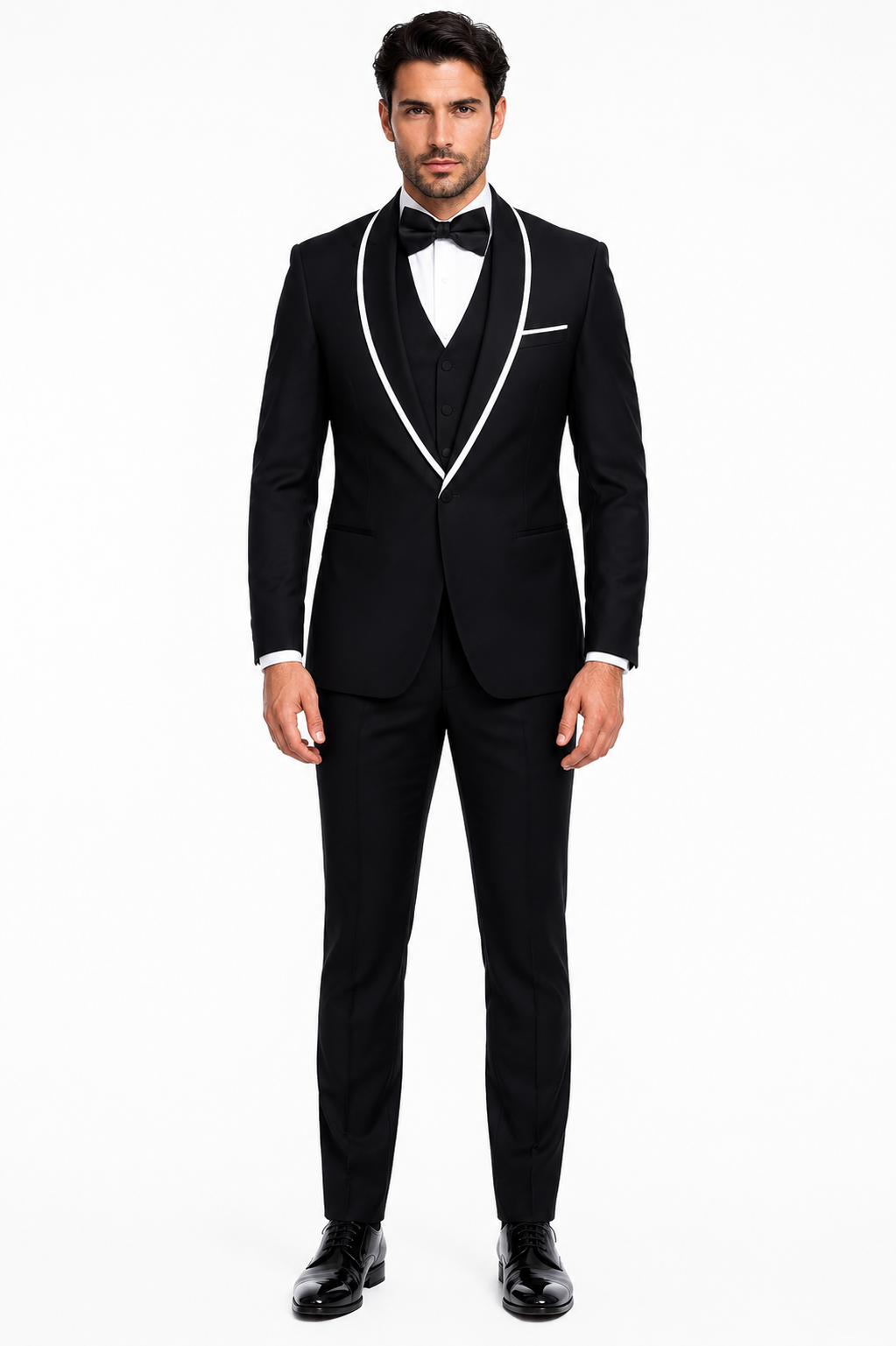 3-Piece Tailored Fit Wool Suit with Bow Tie and Flat Front Pants - Black Modern Fit