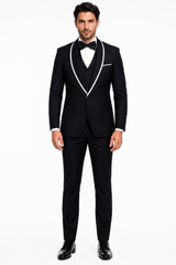 3-Piece Tailored Fit Wool Suit with Bow Tie and Flat Front Pants - Black Modern Fit