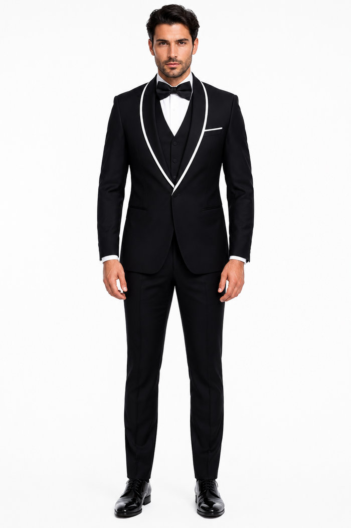 3-Piece Tailored Fit Wool Suit with Bow Tie and Flat Front Pants - Black Modern Fit