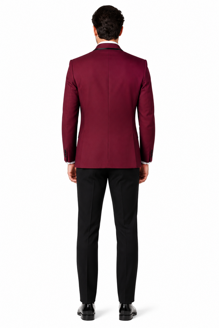 3-Piece Tailored Fit Wool Suit with Bow Tie and Flat Front Pants - Burgundy Modern Fit