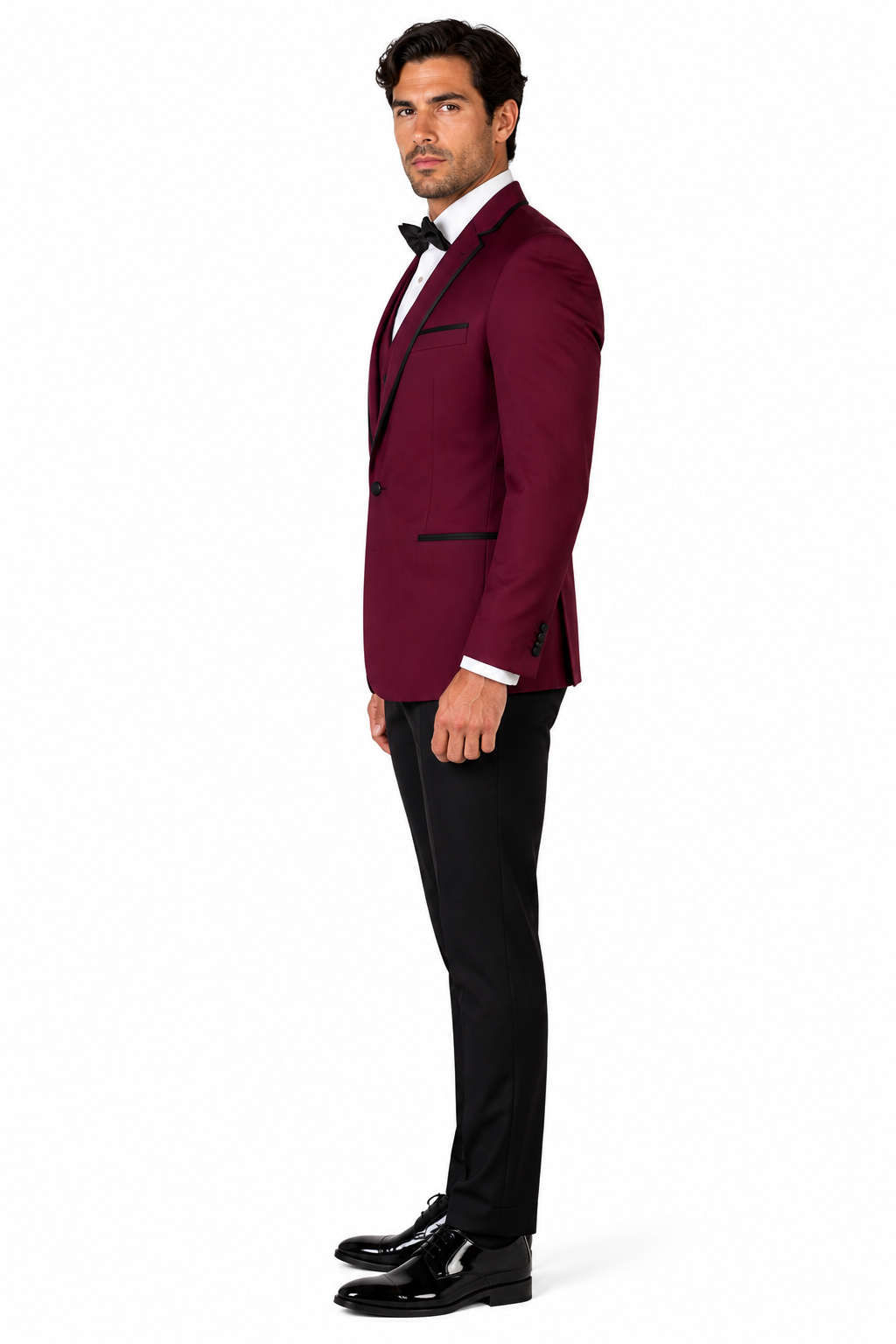 3-Piece Tailored Fit Wool Suit with Bow Tie and Flat Front Pants - Burgundy Modern Fit