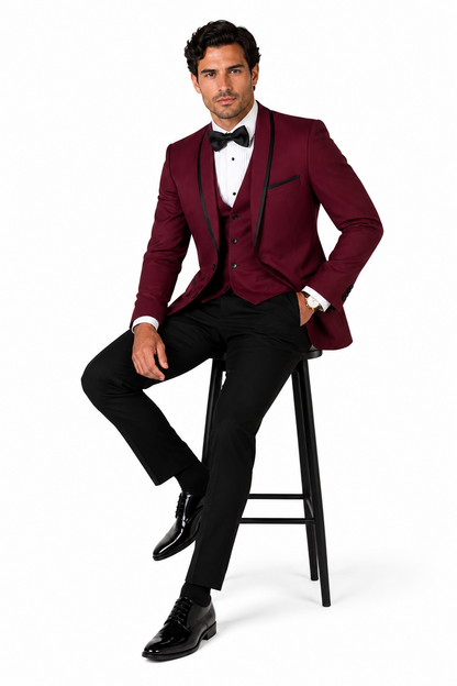 3-Piece Tailored Fit Wool Suit with Bow Tie and Flat Front Pants - Burgundy Modern Fit