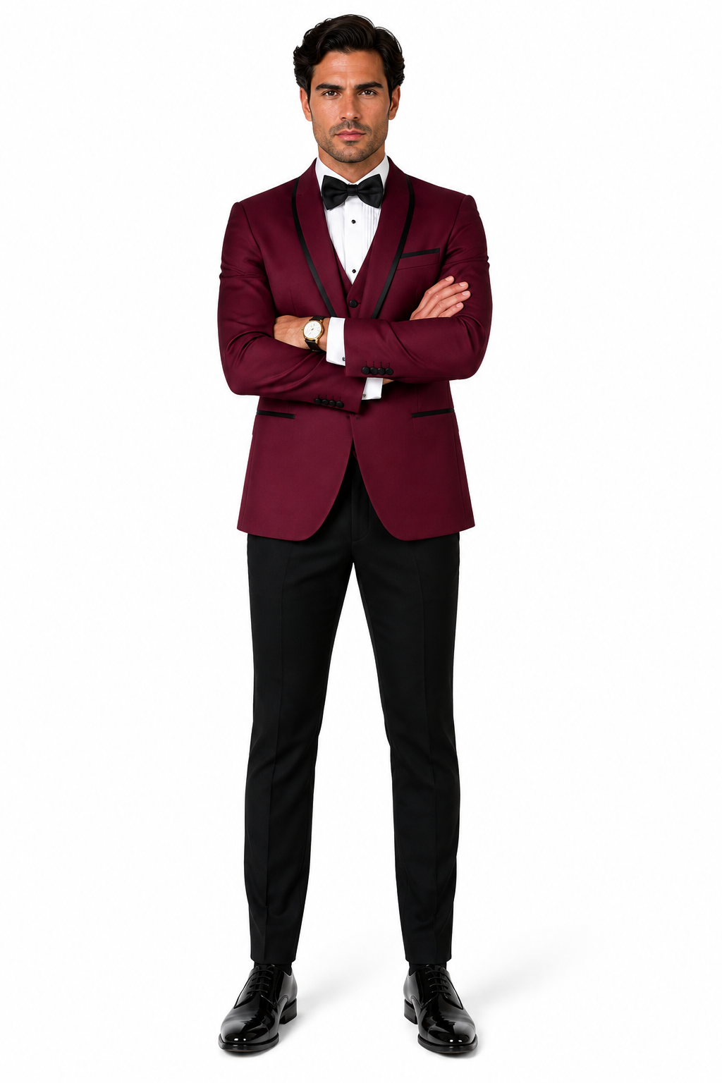 3-Piece Tailored Fit Wool Suit with Bow Tie and Flat Front Pants - Burgundy Modern Fit