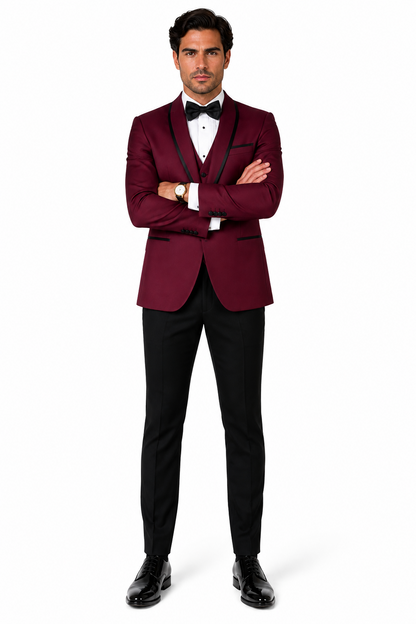 3-Piece Tailored Fit Wool Suit with Bow Tie and Flat Front Pants - Burgundy Modern Fit