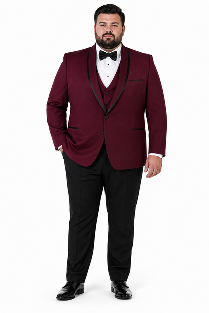 3-Piece Tailored Fit Wool Suit with Bow Tie and Flat Front Pants - Burgundy Modern Fit