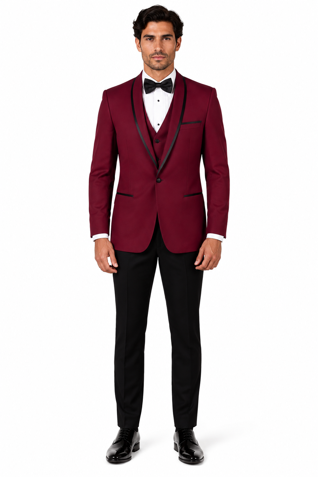 3-Piece Tailored Fit Wool Suit with Bow Tie and Flat Front Pants - Burgundy Modern Fit