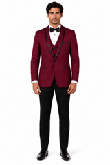 3-Piece Tailored Fit Wool Suit with Bow Tie and Flat Front Pants - Burgundy Modern Fit