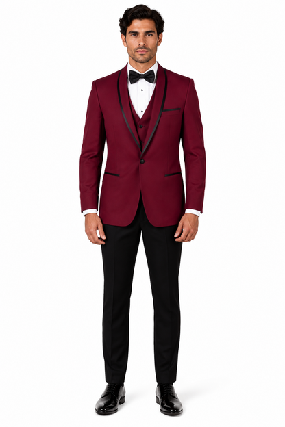 3-Piece Tailored Fit Wool Suit with Bow Tie and Flat Front Pants - Burgundy Modern Fit