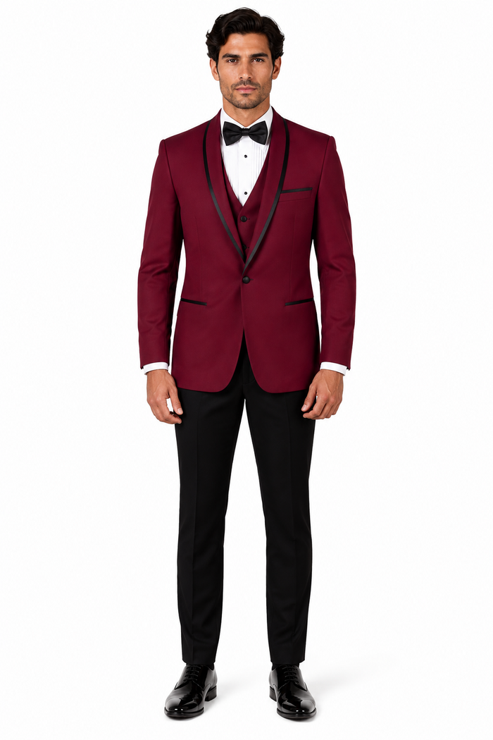 3-Piece Tailored Fit Wool Suit with Bow Tie and Flat Front Pants - Burgundy Modern Fit