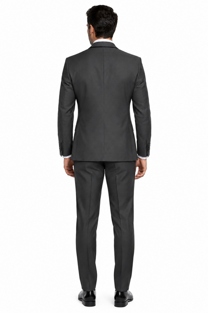 3-Piece Tailored Fit Wool Suit with Bow Tie and Flat Front Pants - Charcoal Modern Fit