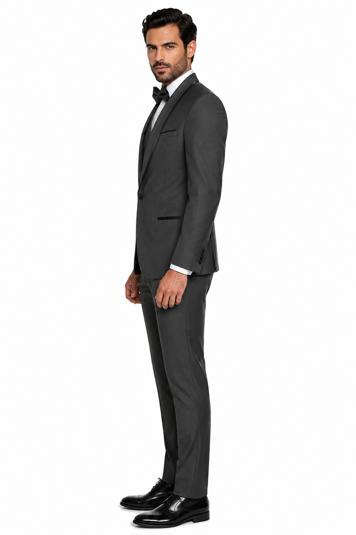 3-Piece Tailored Fit Wool Suit with Bow Tie and Flat Front Pants - Charcoal Modern Fit
