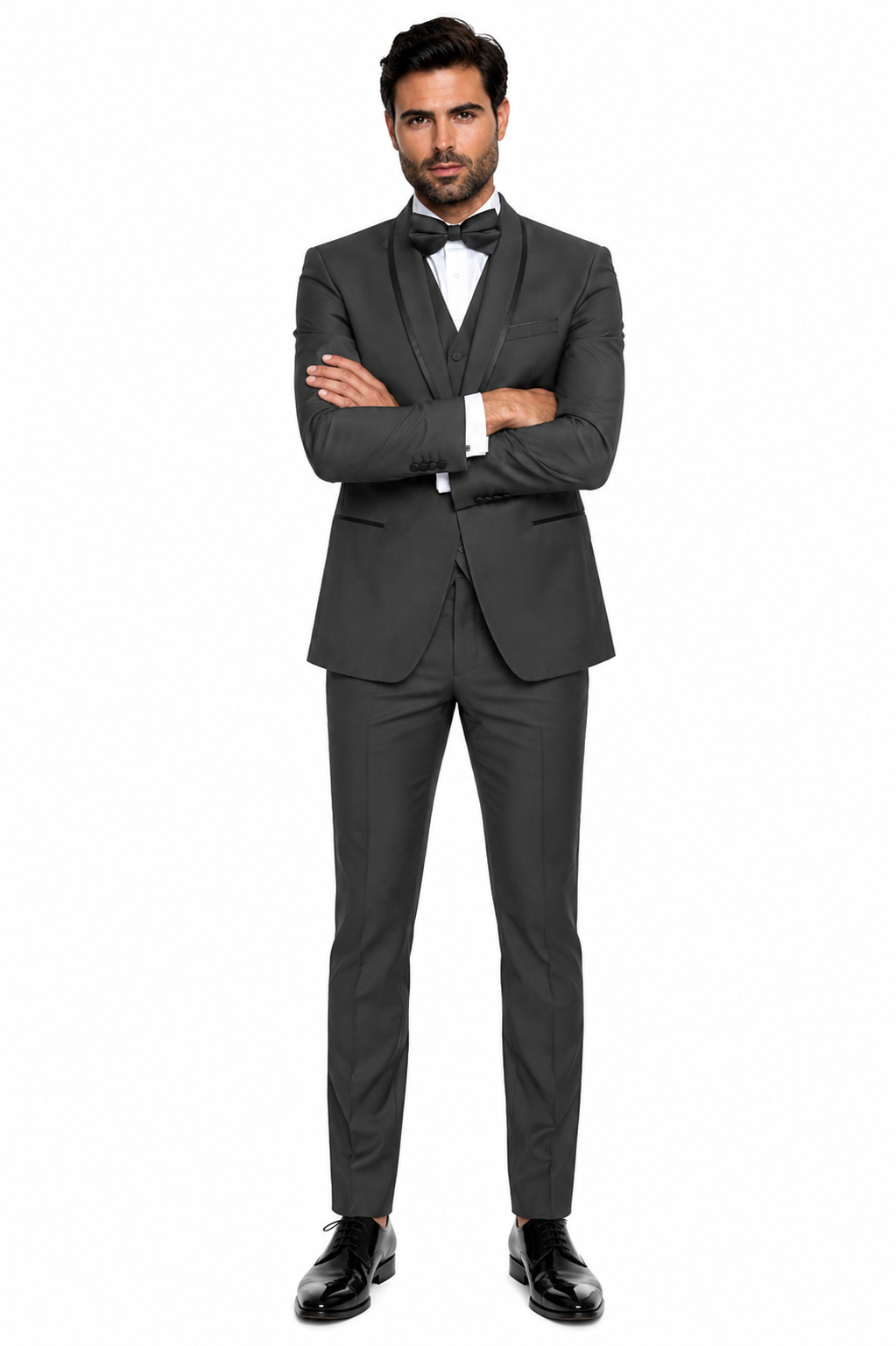 3-Piece Tailored Fit Wool Suit with Bow Tie and Flat Front Pants - Charcoal Modern Fit