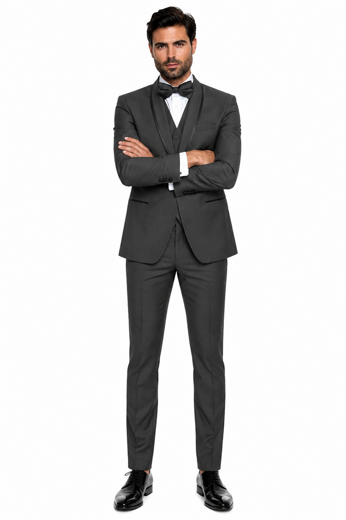 3-Piece Tailored Fit Wool Suit with Bow Tie and Flat Front Pants - Charcoal Modern Fit
