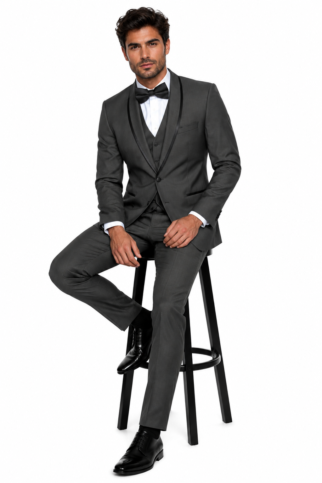 3-Piece Tailored Fit Wool Suit with Bow Tie and Flat Front Pants - Charcoal Modern Fit