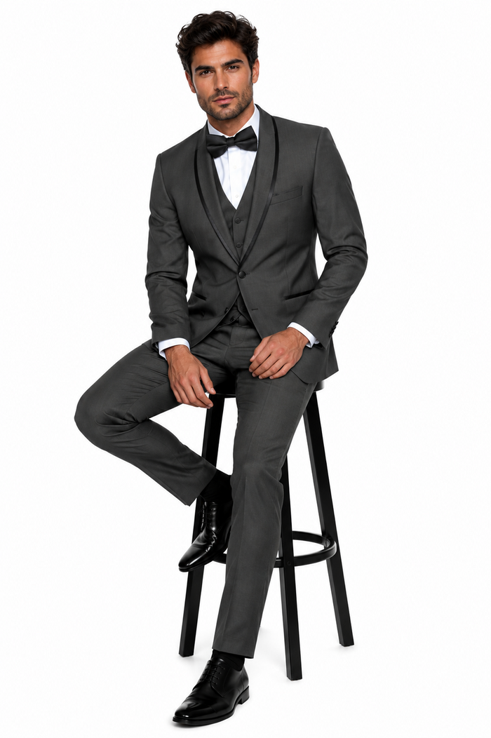 3-Piece Tailored Fit Wool Suit with Bow Tie and Flat Front Pants - Charcoal Modern Fit