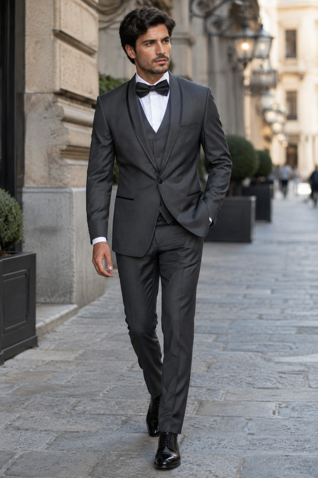 3-Piece Tailored Fit Wool Suit with Bow Tie and Flat Front Pants - Charcoal Modern Fit