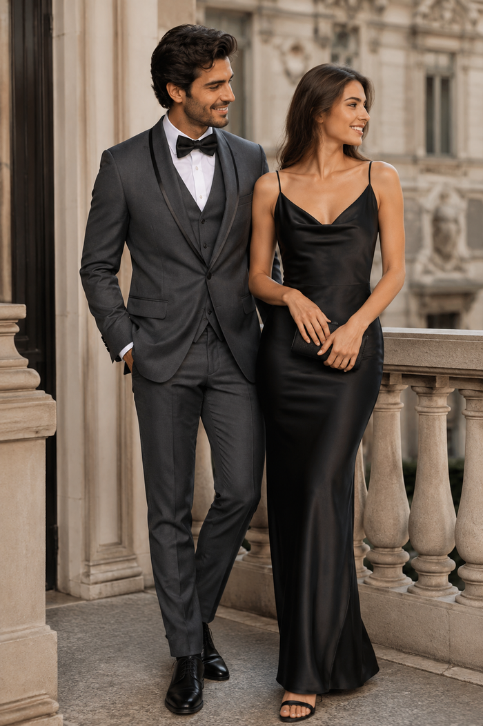 3-Piece Tailored Fit Wool Suit with Bow Tie and Flat Front Pants - Charcoal Modern Fit