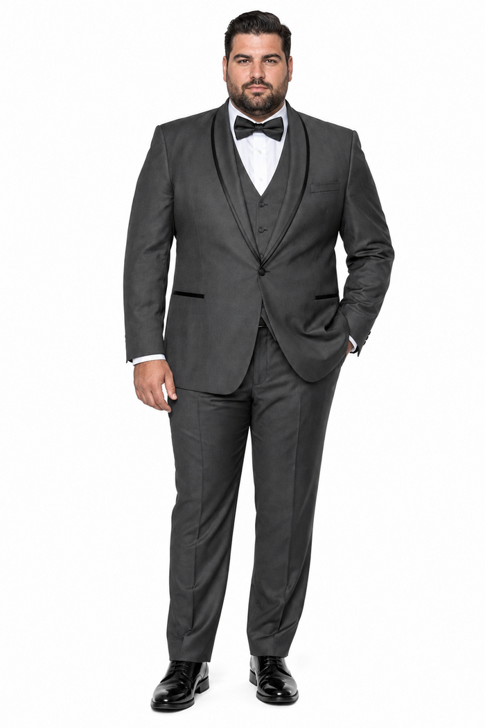 3-Piece Tailored Fit Wool Suit with Bow Tie and Flat Front Pants - Charcoal Modern Fit