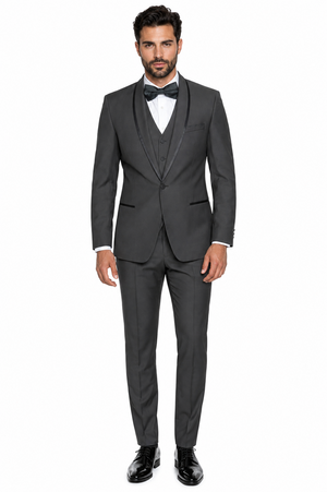 3-Piece Tailored Fit Wool Suit with Bow Tie and Flat Front Pants - Charcoal Modern Fit