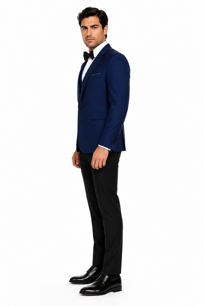 3-Piece Tailored Fit Wool Suit with Bow Tie and Flat Front Pants - Navy Modern Fit