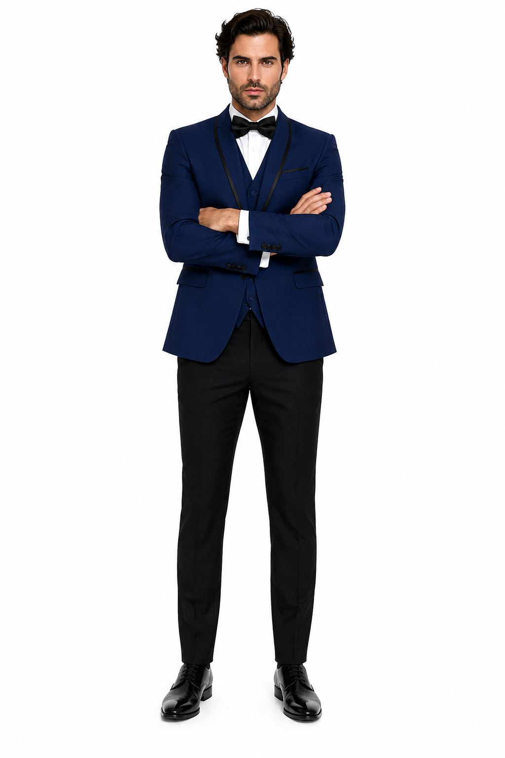 3-Piece Tailored Fit Wool Suit with Bow Tie and Flat Front Pants - Navy Modern Fit