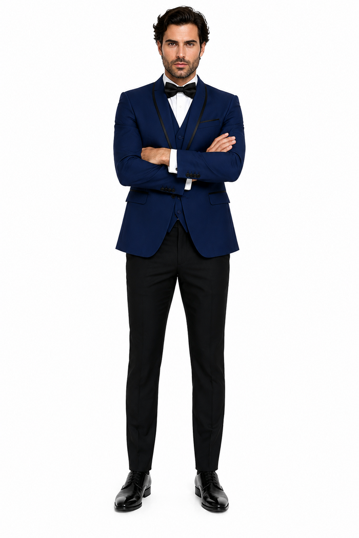 3-Piece Tailored Fit Wool Suit with Bow Tie and Flat Front Pants - Navy Modern Fit