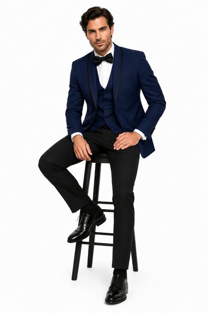 3-Piece Tailored Fit Wool Suit with Bow Tie and Flat Front Pants - Navy Modern Fit