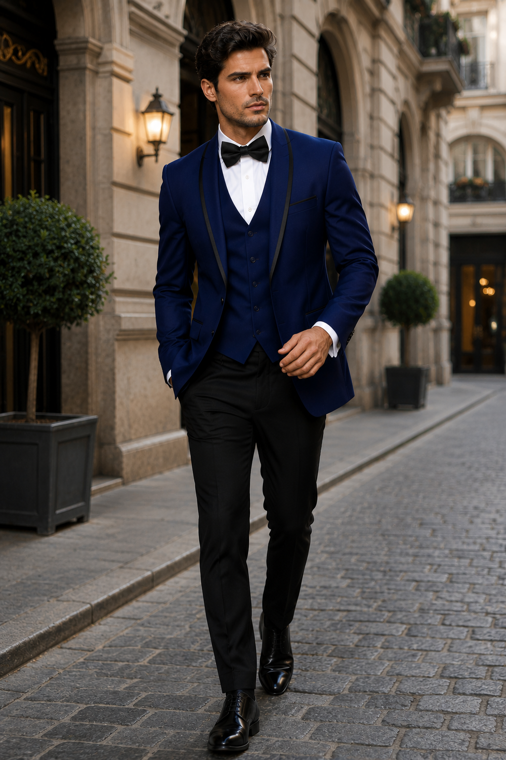 3-Piece Tailored Fit Wool Suit with Bow Tie and Flat Front Pants - Navy Modern Fit