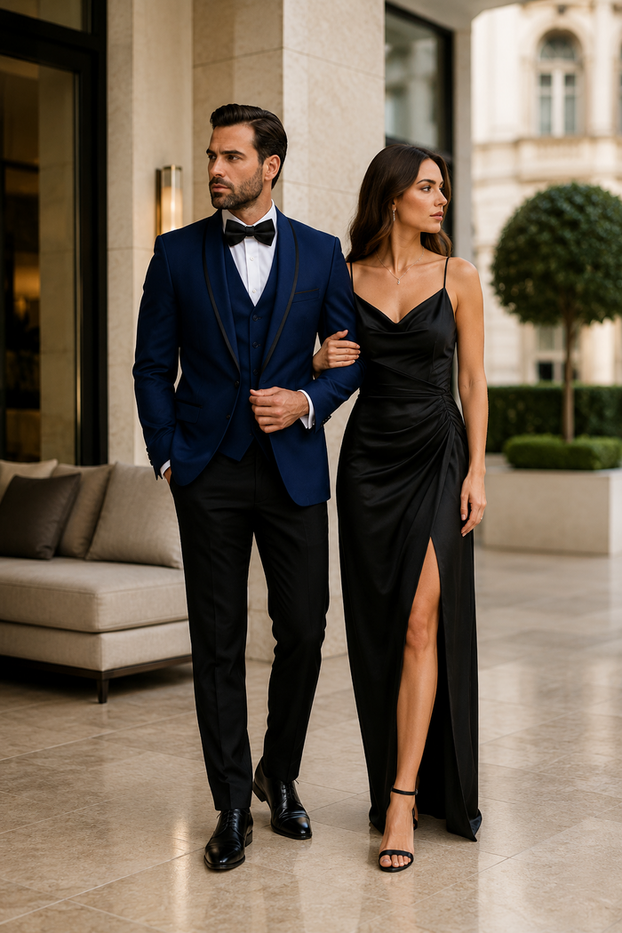 3-Piece Tailored Fit Wool Suit with Bow Tie and Flat Front Pants - Navy Modern Fit