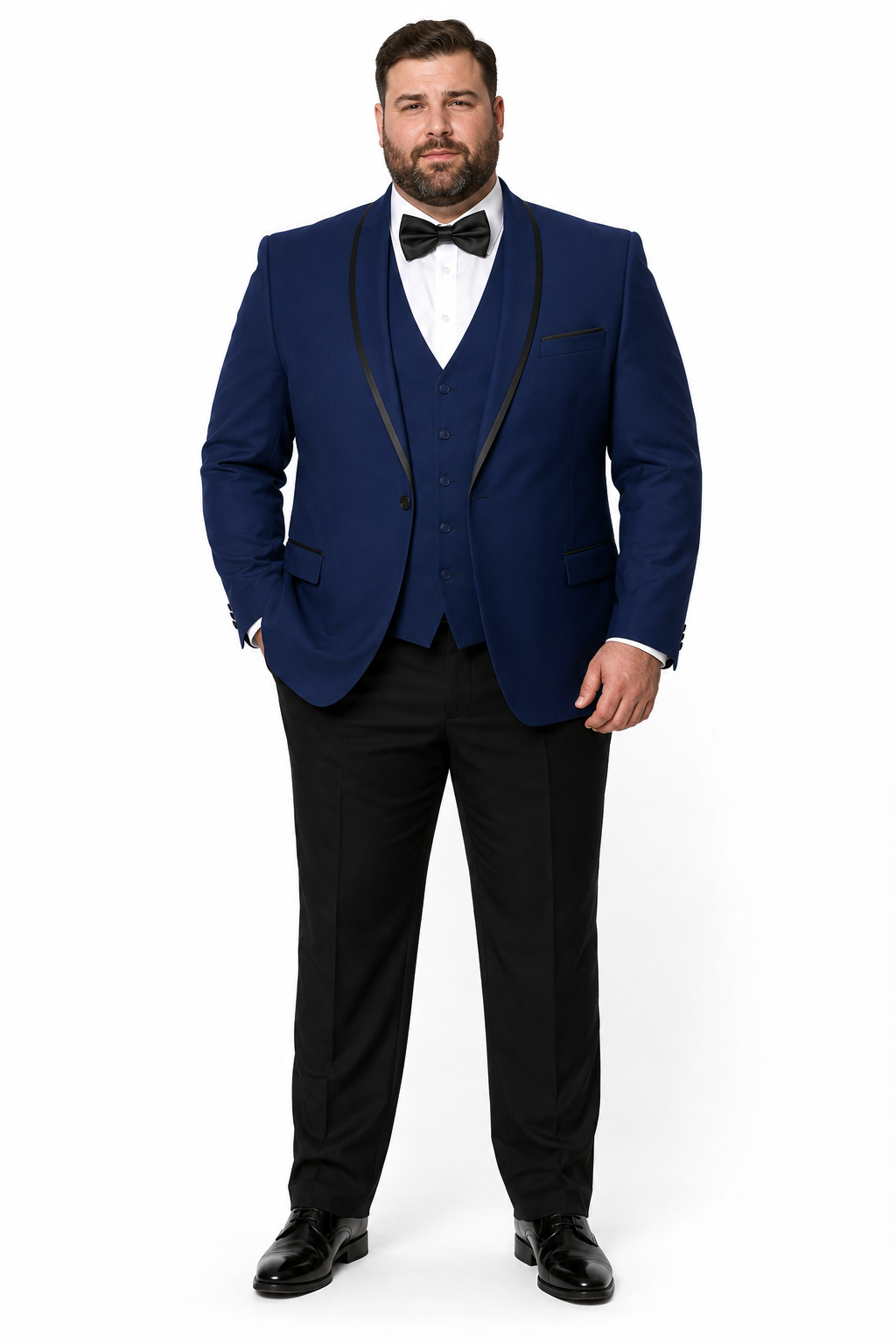 3-Piece Tailored Fit Wool Suit with Bow Tie and Flat Front Pants - Navy Modern Fit
