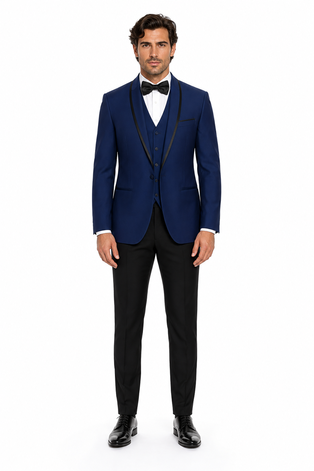 3-Piece Tailored Fit Wool Suit with Bow Tie and Flat Front Pants - Navy Modern Fit