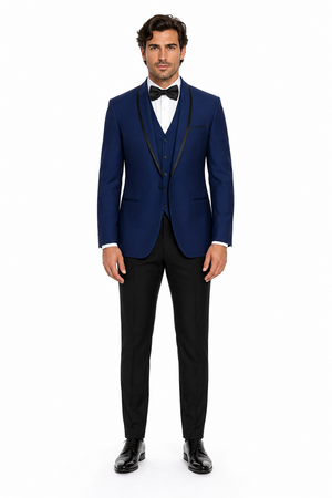 3-Piece Tailored Fit Wool Suit with Bow Tie and Flat Front Pants - Navy Modern Fit