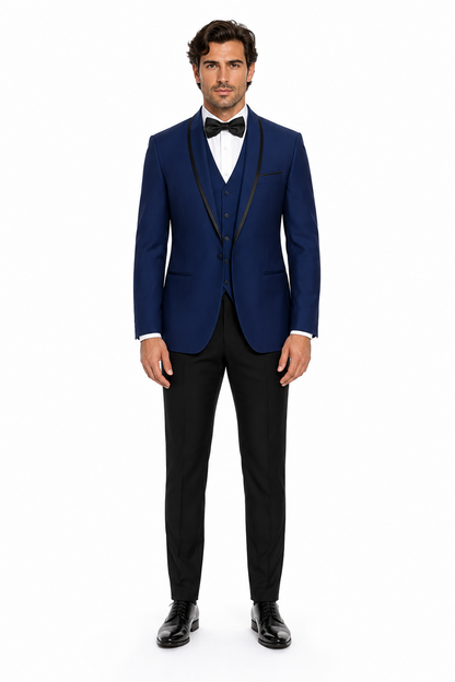 3-Piece Tailored Fit Wool Suit with Bow Tie and Flat Front Pants - Navy Modern Fit
