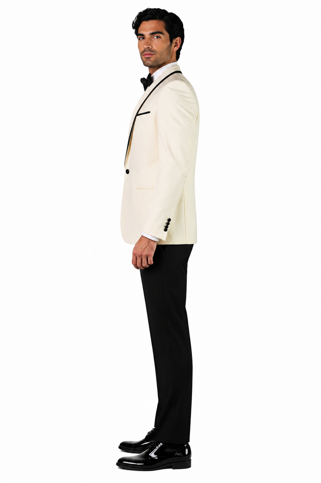 3-Piece Tailored Fit Wool Suit with Bow Tie and Flat Front Pants - Off White Modern Fit