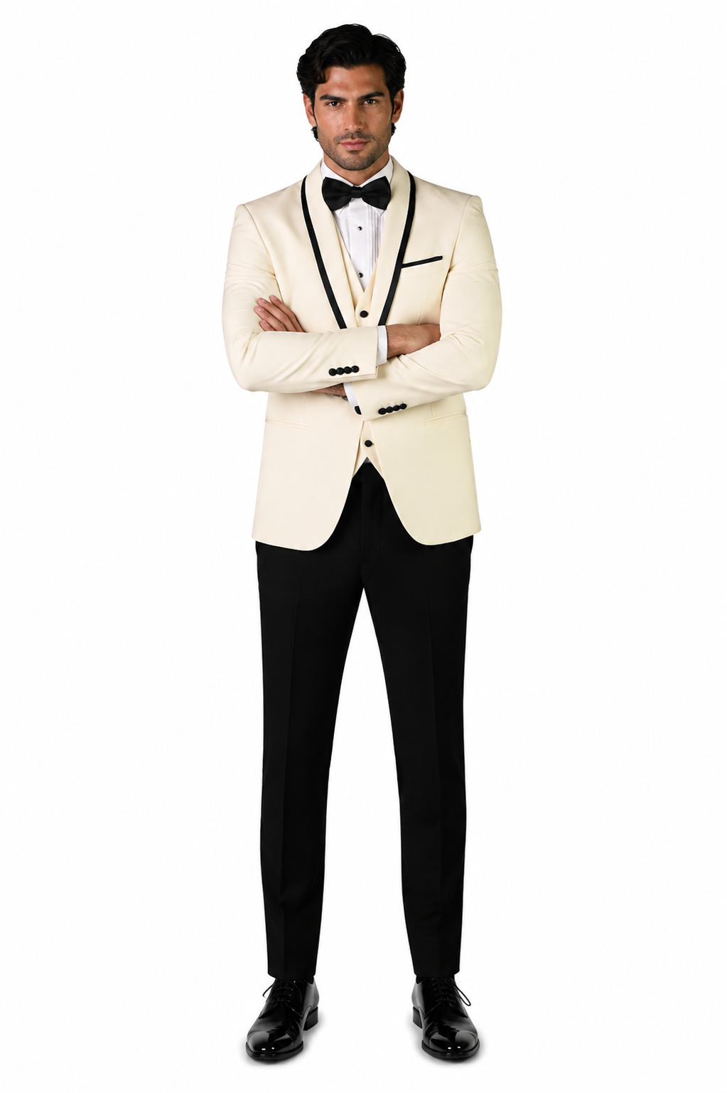 3-Piece Tailored Fit Wool Suit with Bow Tie and Flat Front Pants - Off White Modern Fit