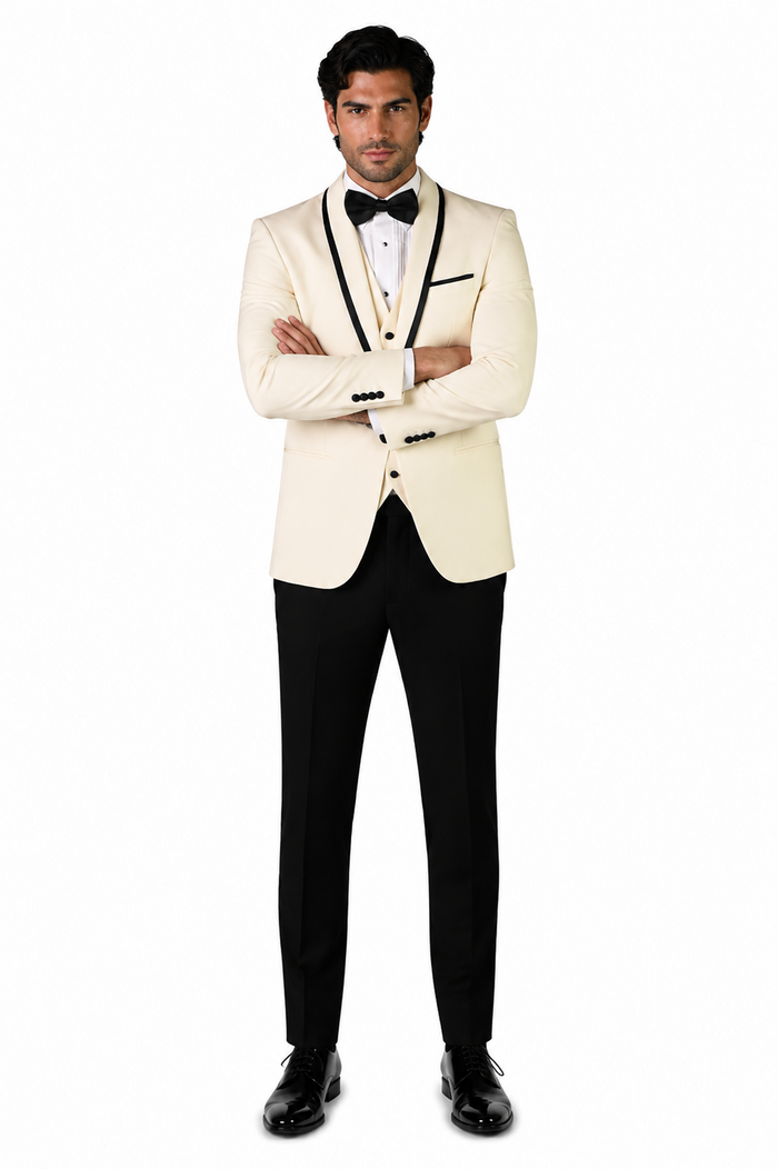 3-Piece Tailored Fit Wool Suit with Bow Tie and Flat Front Pants - Off White Modern Fit