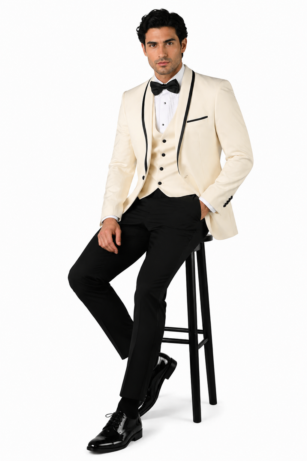 3-Piece Tailored Fit Wool Suit with Bow Tie and Flat Front Pants - Off White Modern Fit